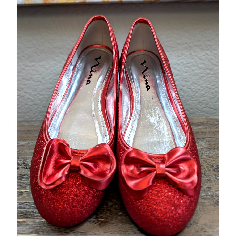 Nina Red Glitter Ballet Flats Womens Size 6 Bow Slip On Ruby Slipper Style